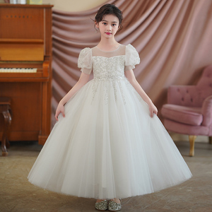 女童礼服公主裙高端主持人钢琴小女孩生日儿童白色婚纱裙子演出服
