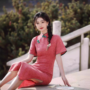 贝之韵复古民国风红色短袖旗袍2024年春季新款日常可穿气质老上海