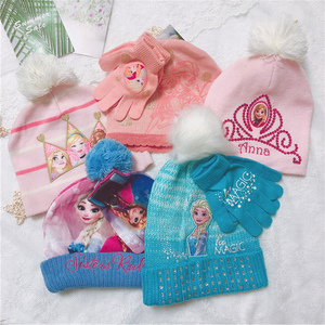 外贸原单  女童冰雪系列加绒帽子手套套装  儿童保暖针织毛线帽子
