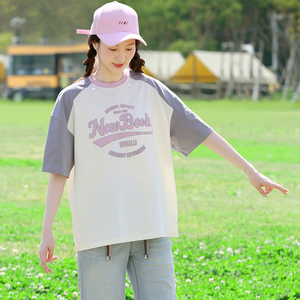 高中学生短袖T恤少女大童夏季上衣初中女生夏装韩版宽松字母撞色