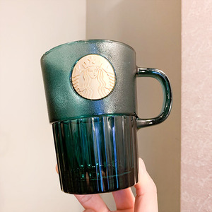 星巴克杯子21墨绿色女神铭牌玻璃杯美人鱼铜牌logo啤酒果汁冷萃杯