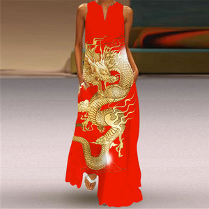 2024年龙年衣服 中国风连衣裙无袖旗袍长裙 舞台走秀红色宽松礼服