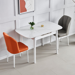 奶油风可伸缩岩板餐桌小户型家用白色轻奢现代简约折叠餐桌椅组合