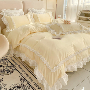 韩式公主风ins水洗棉纯色床上四件套女床品床单三件套奶油风被套4