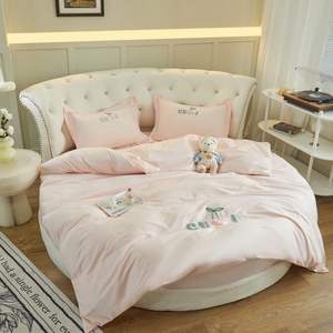 简约欧式纯棉圆床单床笠四件套纯色全棉床罩圆床2.2m圆形床上用品