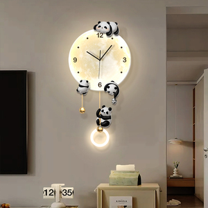 客厅熊猫挂钟电视背景墙月球创意时钟壁灯画轻奢餐厅背景墙钟表画