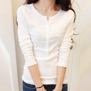 韩国代购秋装女韩版长袖t恤女打底衫纯棉修身大码纯白色体恤上衣