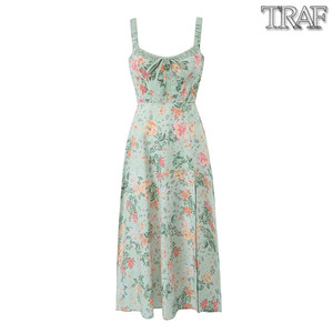 TRAF 欧美风外贸女装新款法式绿色系拼色中长款吊带连衣裙