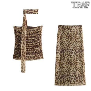 TRAF 欧美风外贸女装新款时尚动物纹印花绢网上衣半身裙套装