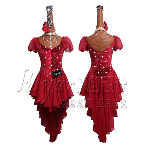 拉丁舞裙演出服表演服比赛服成人女儿童酒红色雪纺百褶裙弹力丝绒