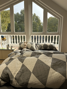 北欧简约三层纱菱格灰白色床上纯棉四件套1.5m1.8米全棉被套床单