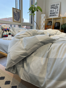 ins灰色大格子床上四件套全棉纯棉1.5m米被套床单三件套宿舍公寓