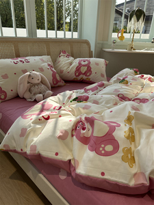 卡通可爱草莓熊爱心全棉四件套纯棉1.5m1.8米宿舍公寓被套床单三