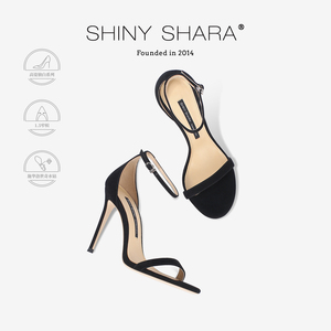 Shiny Shara/诗莎夏季新款黑色羊反绒一字带细跟高跟鞋凉鞋女露趾