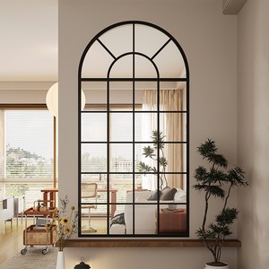法式长虹玻璃隔断创意室内客厅奶油风钢化假窗户铁艺复古拱形屏风