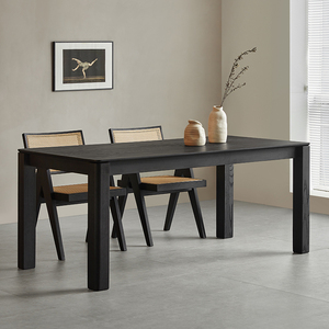 梵也家具黑色实木餐桌侘寂风白蜡木大板桌现代简约家用餐桌椅组合