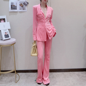 洋气粉色金丝绒小西服套装女2021秋冬季新款气质小西服显瘦两件套