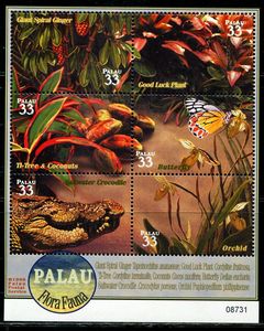 CR0601帕劳1999动物鳄鱼蝴蝶花卉小全张