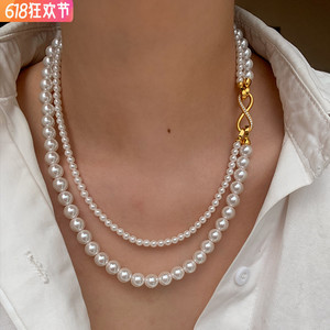 施家正品澳白色珍珠项链女轻奢小众高级感双层多层叠戴锁骨链颈链