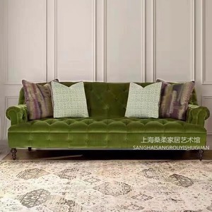 法式复古绿丝绒拉扣三人位沙发客厅小户型美式轻奢复古风双人沙发
