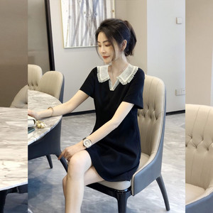 蕾丝Polo领直筒裙夏装新款韩版气质宽松显瘦黑色赫本风短袖连衣裙