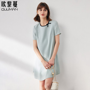韩版高腰短袖连衣裙女款2024春夏新款小个子高端醋酸气质通勤裙子