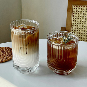 小众条纹U形玻璃杯 ins冰美式拿铁咖啡杯果汁杯饮料杯子水杯商用