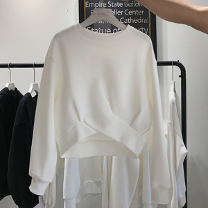 韩国白色太空棉套头卫衣女春秋新款前短后长设计感宽松短款上衣潮