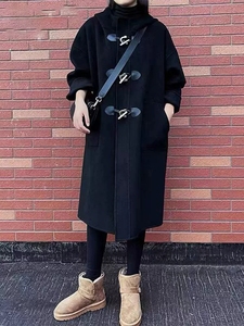 黑色双面羊绒大衣女中长款2023秋冬新款韩版连帽高级感羊毛呢外套