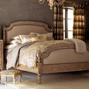 出口外贸美式乡村复古做旧实木雕花软靠双人床高端橡木公主床婚床