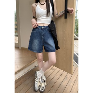 kumikumi复古蓝色水洗牛仔裤女夏季设计感小熊刺绣直筒裤阔腿短裤