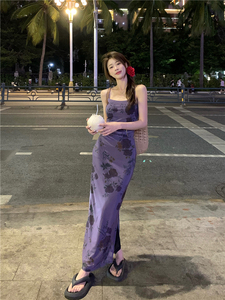 kumikumi法式御姐紫色吊带连衣裙女装夏季玫瑰印花修身包臀裙长裙
