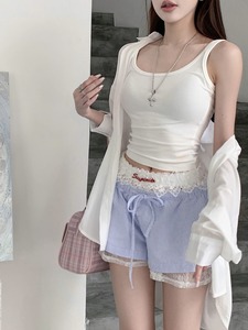 kumikumi白色背心女装刺绣蕾丝打底裤条纹短裤夏季防晒衬衫四件套