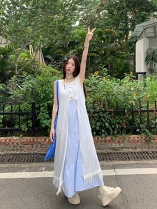 kumikumi设计感蕾丝流苏针织连衣裙女夏季开叉镂空叠穿罩衫裙长裙