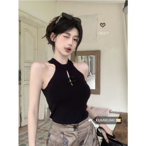 kumikumi新中式黑色盘扣镂空挂脖背心女夏季气质外穿内搭短款上衣