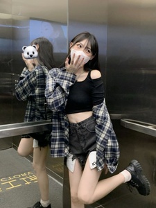 kumikumi慵女懒风复古开衫黑白款格子衬衫装春季中长宽外松休闲衬