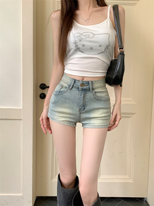 kumikumi美式辣妹外穿热裤牛仔裤女装夏季新款高腰修身直筒裤短裤