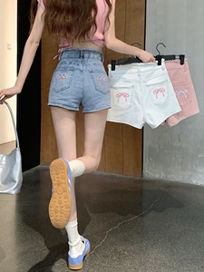 kumikumi美式辣妹蝴蝶结刺绣流苏牛仔裤女夏季高腰紧身直筒裤短裤