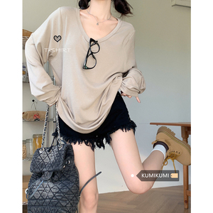 kumikumi慵懒风宽松休闲长袖T恤打底衫女装春季纯色百搭显瘦上衣