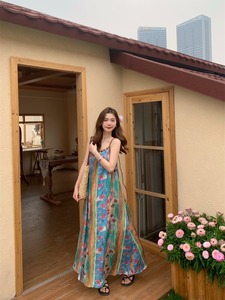 kumikumi复古碎花吊带连衣裙女装夏季设计感撞色条纹大摆裙A字裙
