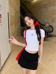 kumikumi甜辣妹蝴蝶结刺绣T恤女夏季露脐短款小个子短袖正肩上衣