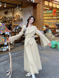 kumikumi新中式禅意套装女盘扣交叉系带V领上衣夏季半身裙两件套