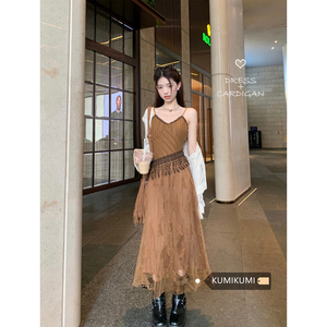 kumikumi美拉德套装女复古流苏网纱连衣裙夏季镂空针织外套两件套