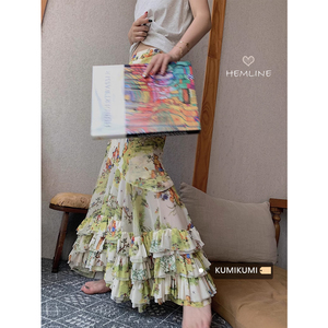 kumikumi复古印花半身裙女春季设计感小众高腰显瘦花边A字长裙子