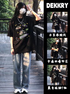 日系重磅纯棉质感短袖t恤女夏季新款韩版原宿百搭运动风卡通上衣