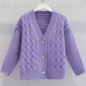 女童紫色毛衣开衫2023新款秋冬季儿童女孩V领针织外套加厚毛线衣