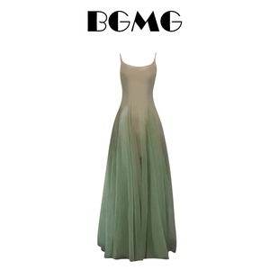 艺术清冷感2024年夏季新款显瘦气质绿色长裙女性感网纱吊带连衣裙