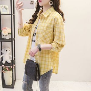 棉布薄款格子衬衫女长袖2023夏季新款韩版宽松衬衣黄色防晒衣外套