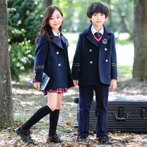 中小学生韩版秋冬季班服外套儿童校服英伦风毛呢子大衣四件套定制