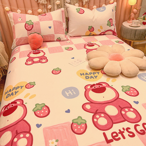 草莓熊纯棉床笠单件100全棉四季通用床罩三件套儿童学生宿舍床单
